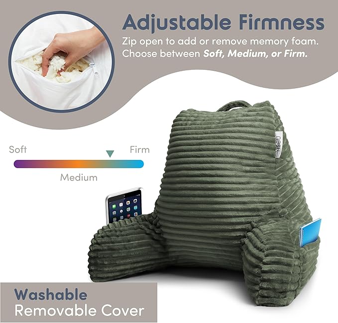 Nestl Reading Pillow with Shredded Memory Foam, Luxe Cut Plush Back Pillow for Sitting Up in Bed, Back and Arms Adjustable Support for Adult & Teens, Backrest Pillows with Washable Cover Olive Green
