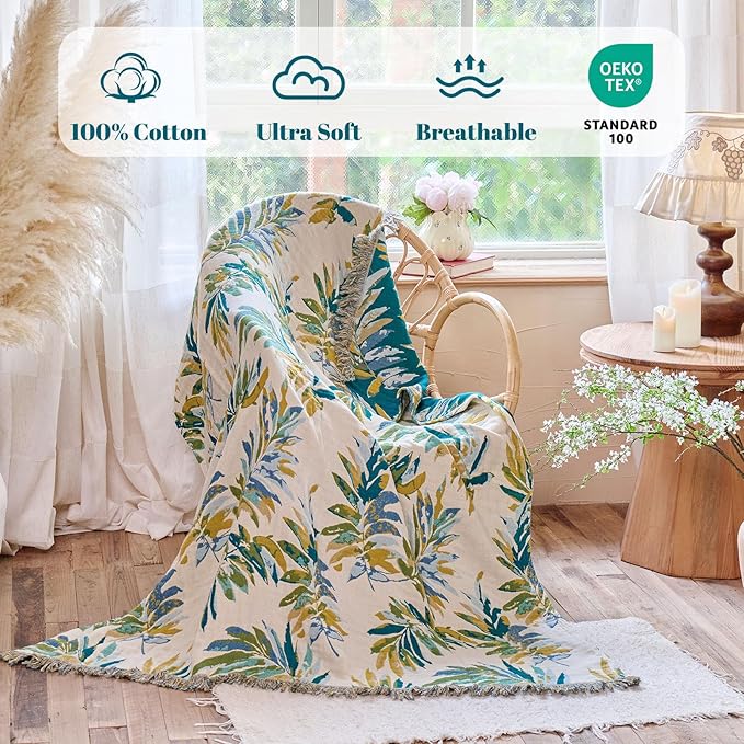 MSGKV Boho Throw Blanket for Bed Cotton 60"x80" Leaves Blanket Twin Size Couch All Seasons Muslin Breathable Lightweight Farmhouse Blankets