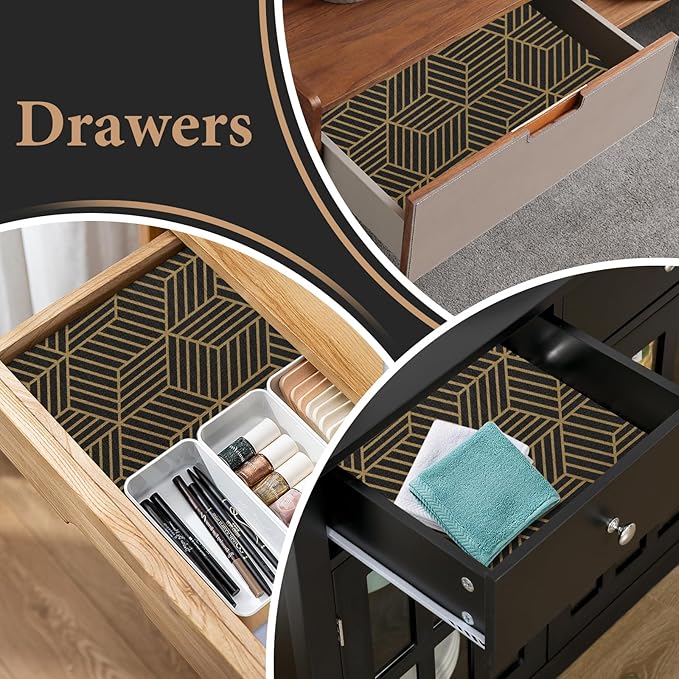 Shelf Liners for Kitchen Cabinets 12in x 20FT, Non Adhesive Cabinet Liner Strong Non-Slip Black Gold Geometric Drawer Liner, Easy to Clean for Shelf, Cabinet with Knife and Tape Measure