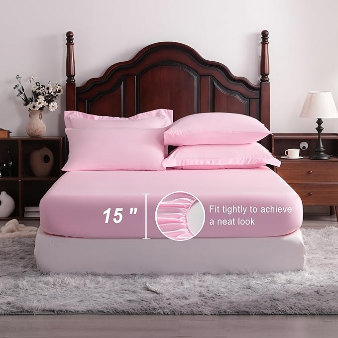 NTBAY King Comforter Set with Sheets, 7 Pieces Soft and Breathable King Bedding Set, Bed in a Bag, Down Alternative Comforter Set Solid Color All Season, King Bedding Set, Pink