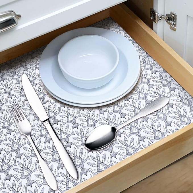 RAY STAR 12X120 Inch Shelf Liner for Kitchen Cabinets, Non-Adhesive Cabinet Liner Washable, PVC Drawer Liner for Dresser Non-Slip Bathroom (Black Floral)(9 Roll)