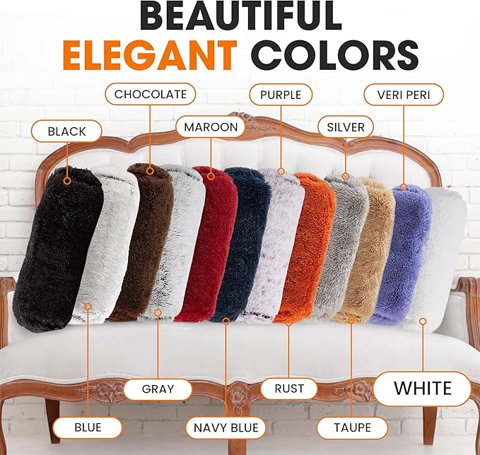 Cheer Collection Bolster Pillow. Set of 2 Shaggy Bolster Pillows, Decorative Cylinder Pillows for Bed & Couch, Round Neck Roll Pillow, Plush Tube Pillow for Lumbar, Head, Spine Support, White