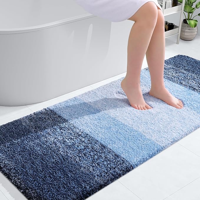 OLANLY Bathroom Rug Mat 59x24, Extra Soft and Absorbent Microfiber Bath Rugs, Non-Slip Plush Shaggy Bath Carpet Runner, Machine Wash Dry, Bath Mats for Bathroom Floor, Tub and Shower, Navy