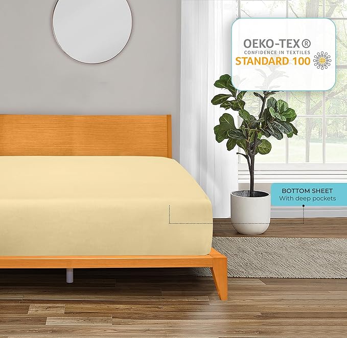 ROYALE LINENS 300 Thread Count 100% Long Staple Combed Cotton Fitted Sheet Queen - Super Soft Deep Pocket Bottom Sheet - Fitted Sheets Only - Elastic Sheets (Queen, Light Yellow)