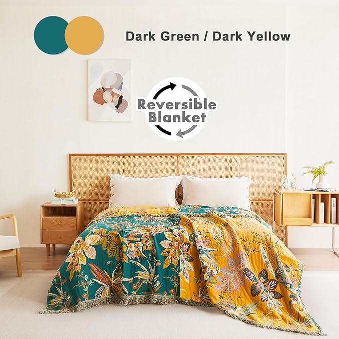 MSGKV Boho Throw Blanket for Bed Twin Size 100% Cotton Floral Blanket 60"x80" Couch Blankets Muslin Breathable All Seasons Lightweight Farmhouse Blankets Home Decor