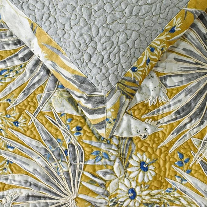 The HomeCentric King/Queen/Twin Grey & Yellow Decorative Queen 74"x18" Bed Runner with 2 Pillow Cover, Cockatoo Bird & Quilted Bed Scarf on Cotton Fabric - Cockatoo Love