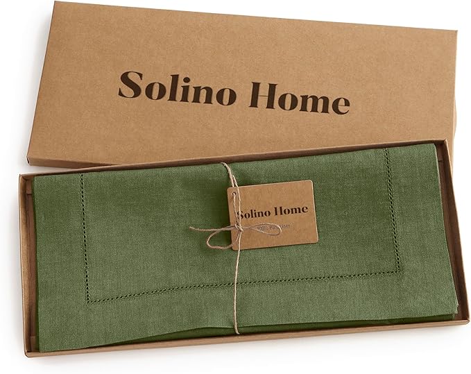 Solino Home Linen Table Runner 60 Inches - 100% Pure Linen Olive Hemstitch Table Runner 14 x 60 Inch Ideal for Dresser and Coffee Tables - Classic Hemstitch - Christmas, New Year