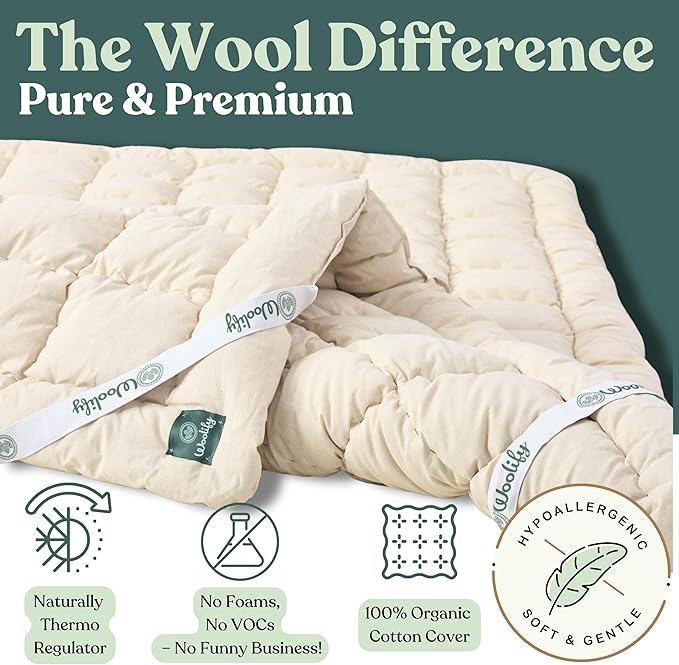 Organic Merino Wool Mattress Topper - Luxury Pillow Top Mattress Pad, Handmade, Non-Toxic, Cooling & Hypoallergenic, Natural Back Pain Relief, Sustainable Bedding (Full)
