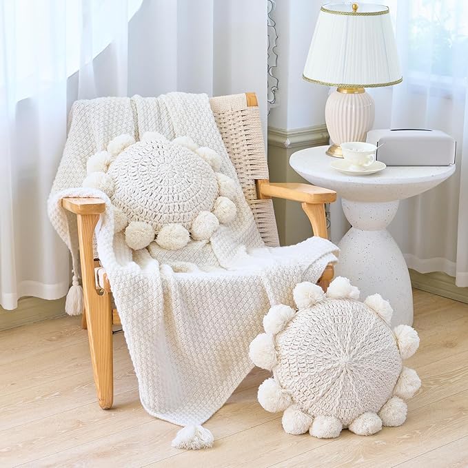 Beige 14 Inch Boho Round Throw Pillow, Cute Throw Pillow with Pom Poms Tassels, Decorative Circular Knitted Crochet Cushion for Couch Sofa Chair Bed