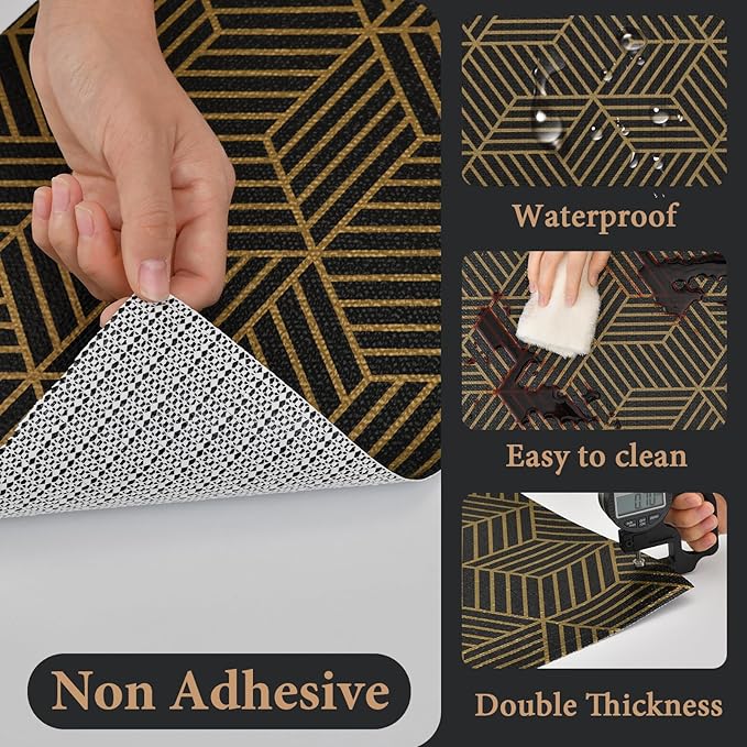 Shelf Liners for Kitchen Cabinets 12in x 30FT, Non Adhesive Cabinet Liner Strong Non-Slip Black Gold Geometric Drawer Liner, Easy to Clean for Shelf, Cabinet with Knife and Tape Measure