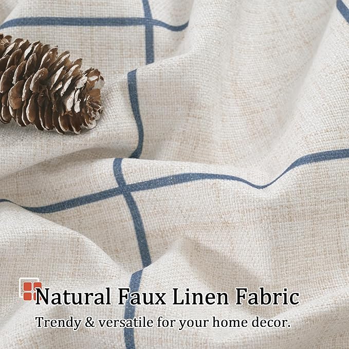 Navy Blue Plaid Patterned Curtains Thermal Insulated - 96 Inches Extra Long Total Linen Blackout Curtains for Living Room, Boho Drapery for Farmhouse Bedroom 52x96 Inch 2 Panels