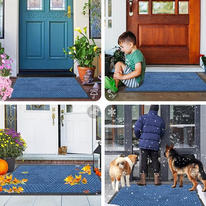 Smiry Front Door Mat Outside Entrance, Heavy Duty Sturdy Natural Rubber Doormat, Trap Dirt and Moisture, Easy Clean Low Profile Mats for Indoor Outdoor Entry, Irregular Triangle (47x32, Blue)