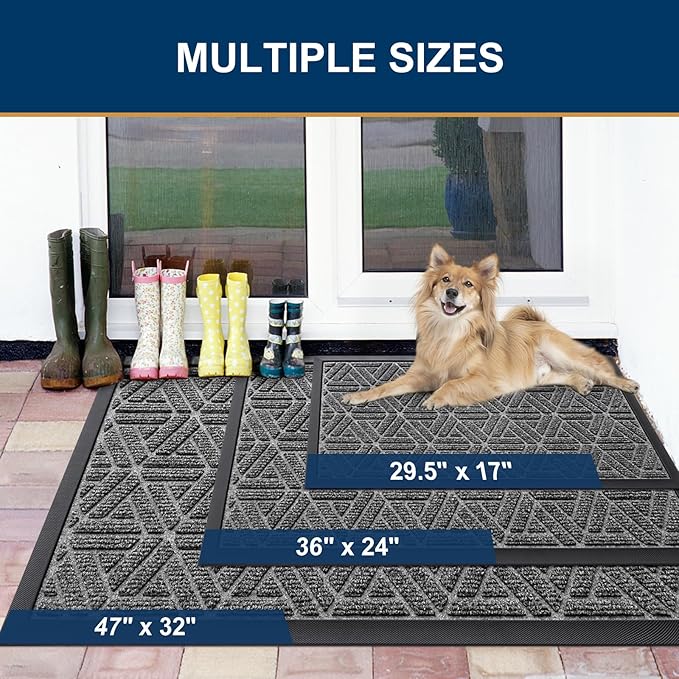 Smiry Front Door Mat Outside Entrance, Heavy Duty Sturdy Natural Rubber Doormat, Trap Dirt and Moisture, Easy Clean Low Profile Mats for Indoor Outdoor Entry, Grid Geometric (47x32, Silver Grey)