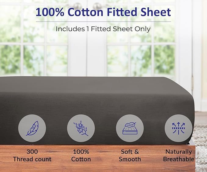 ROYALE LINENS 300 Thread Count 100% Long Staple Combed Cotton Fitted Sheet Twin - Super Soft Deep Pocket Bottom Sheet - Fitted Sheets Only - Elastic Sheets (Twin, Grey)