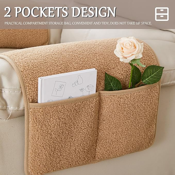 Armrest Cover, Recliner Chair Protector, Furniture Protector Slip, Side Storage Pocket, Stretch Armchair Couch Arm Rest Cover for Recliner, Chair, Sofa (Camel,1 Seater(3pcs))