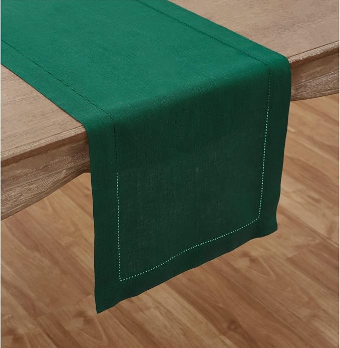 Solino Home Linen Rainforest Green Table Runner 90 Inches Long - 100% Pure Linen Hemstitch 14 x 90 Inch Table Runner for Dining, Christmas, New Year - Classic Hemstitch