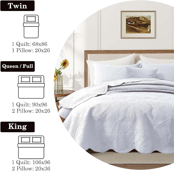 IR Imperial Rooms Twin Quilt Bedding Set Size (68” x 86”) + 1 Pillow Shams (20” x 26” + 2”) - 2 Pcs All Season Lightweight Reversible Microfiber Coverlet Floral Embossed Quilt Bedspread (White)