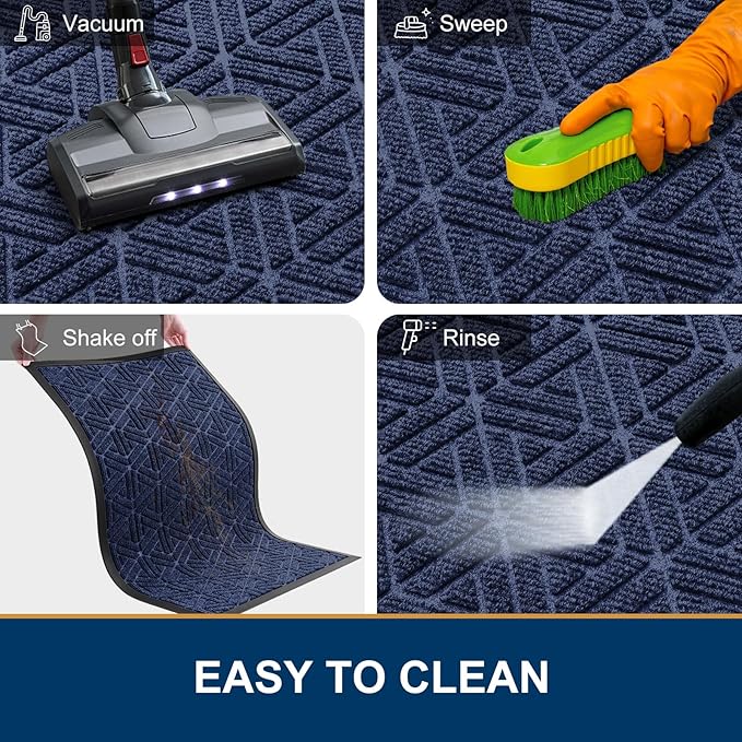 Smiry Front Door Mat Outside Entrance, Heavy Duty Sturdy Natural Rubber Doormat, Trap Dirt and Moisture, Easy Clean Low Profile Mats for Indoor Outdoor Entry, Grid Geometric (36x24, Navy Blue)