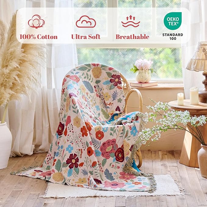 MSGKV Boho Throw Blanket for Couch 100% Cotton Floral Blanket 50"x60" Sofa Bed Chair Blanket All Seasons Lightweight Farmhouse Muslin Breathable Blankets Home Decor