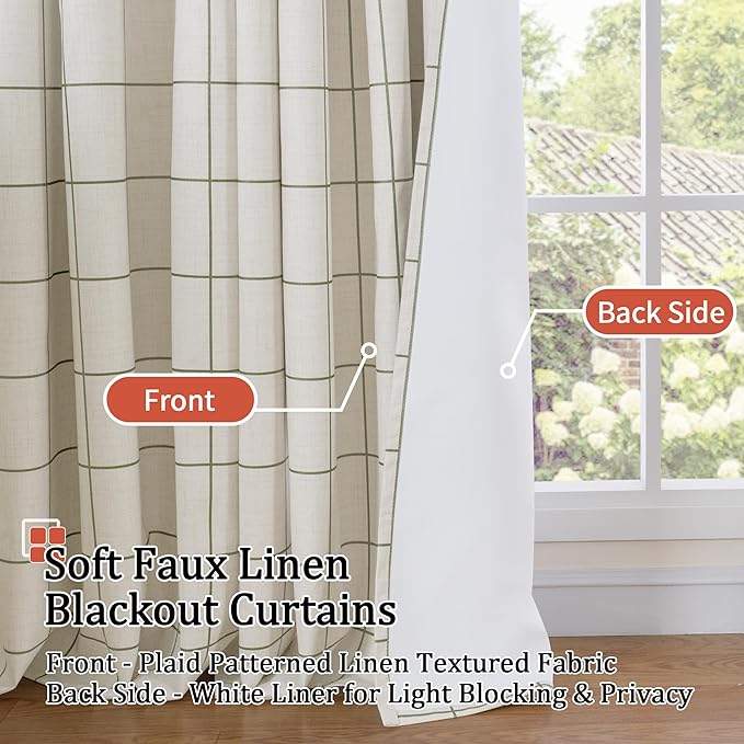 Linen Blackout Curtains for Living Room - Plaid Patterned Curtains 72 Inch Long, Boho Black Out Thermal Insulated Drapes for Bedroom Grommet Style 52x72 Inch 2 Panels, Dark Green