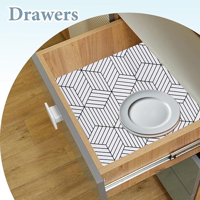 Shelf Liners for Kitchen Cabinets 17in x 20FT, Non Adhesive Cabinet Liner Strong Non-Slip Thickened Black White Geometric Drawer Liner, Easy to Clean for Shelf, Cabinet with Knife and Tape Measure