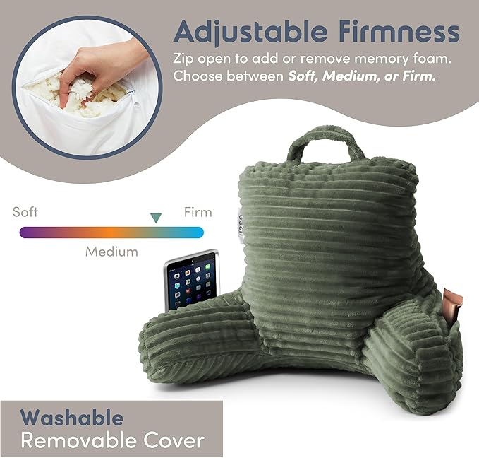 Nestl Reading Pillow for Kids & Teens with Shredded Memory Foam, Luxe Cut Plush Backrest Pillows for Reading and Gaming, for use on Couch or Bed, Adjustable Support with Washable Cover Olive Green