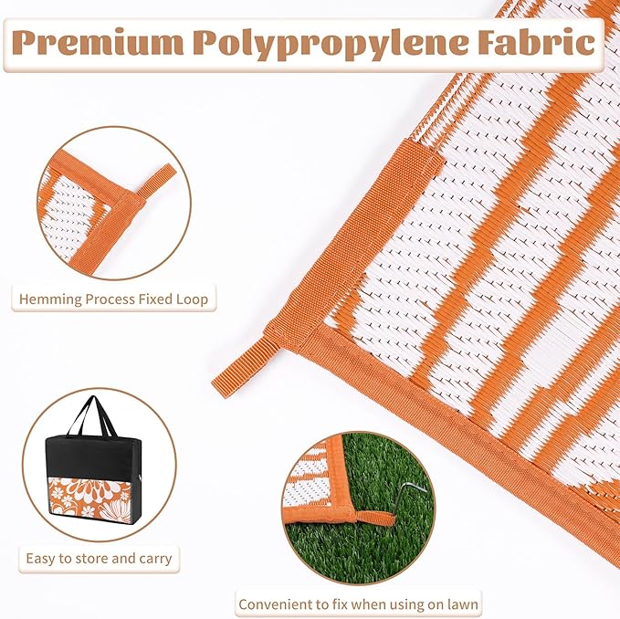 Ileading Outdoor Plastic Straw Rug 6x9ft Funny Floral Style Reversible Patio Area Rugs Waterproof Non Shedding Portable Carpets for Rv Outside Deck Pool Beach Picnic Camping (Orange)