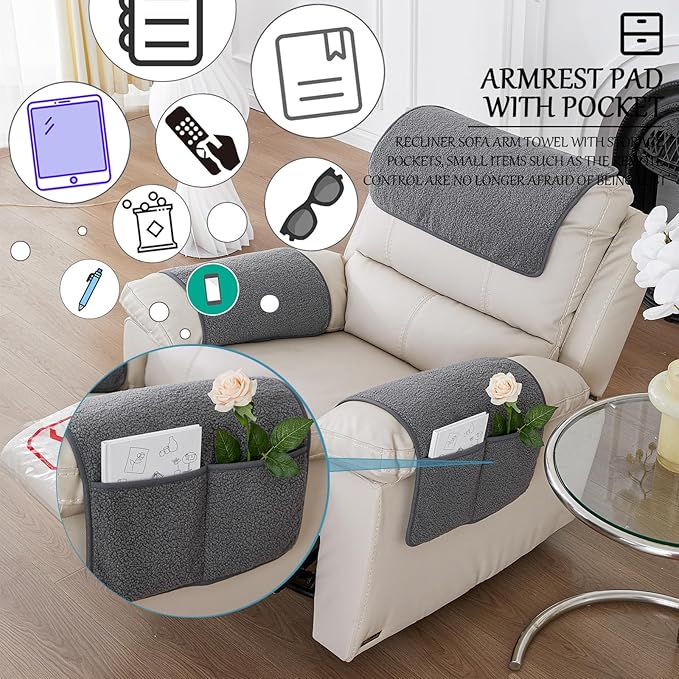 Armrest Cover, Recliner Chair Protector, Furniture Protector Slip, Side Storage Pocket, Stretch Armchair Couch Arm Rest Cover for Recliner, Chair, Sofa (Light Gray,1 Seater(3pcs))