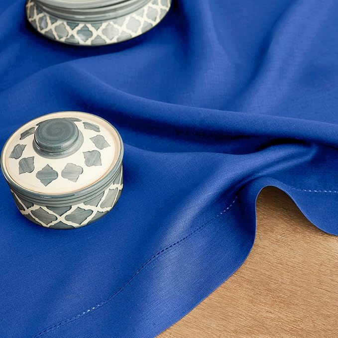 Solino Home Linen Royal Blue Table Runner 156 Inches Long - 100% Pure Linen Extra Long Table Runner 14 x 156 Inch for Christmas, New Year - Classic Hemstitch