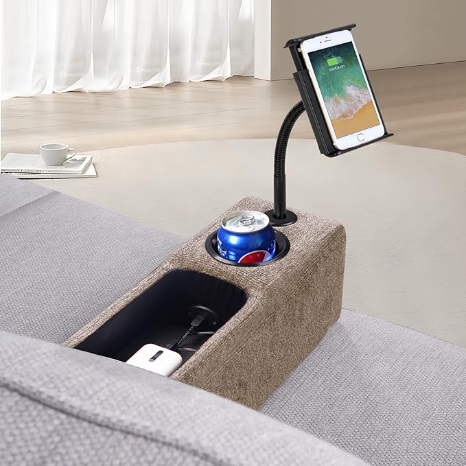 Multifunctional Sofa Armrest, Couch Armrest with Wireless Charge Stand, Removable Couch Caddy with Storage,Including LED Reading Light,Latte