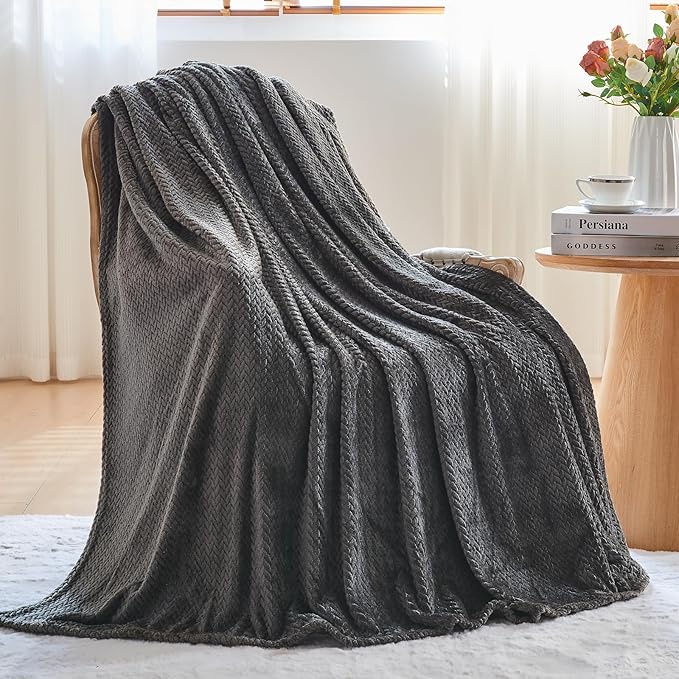 NEWCOSPLAY Super Soft Throw Blanket Dark Grey Premium Silky Flannel Fleece Leaves Pattern Lightweight Bed Blanket All Season Use (Dark Grey, Throw(50"x60"))