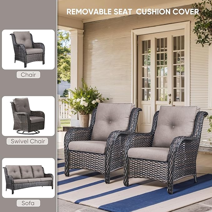 8-Piece Outdoor Patio Cushion Set - Fade & Water Resistant with Removable Olefin Cover, 22x24x4 Inch Memory Foam Cushions for Wicker Sectional Sofa – Grey/Buckle