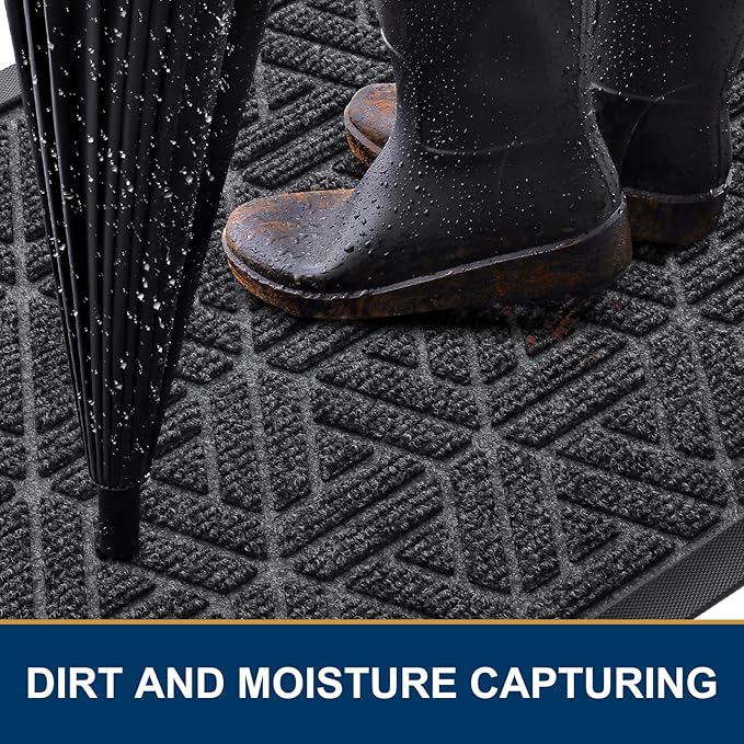 Smiry Front Door Mat Outside Entrance, Heavy Duty Sturdy Natural Rubber Doormat, Trap Dirt and Moisture, Easy Clean Low Profile Mats for Indoor Outdoor Entry, Grid Geometric (71x24, Grey)
