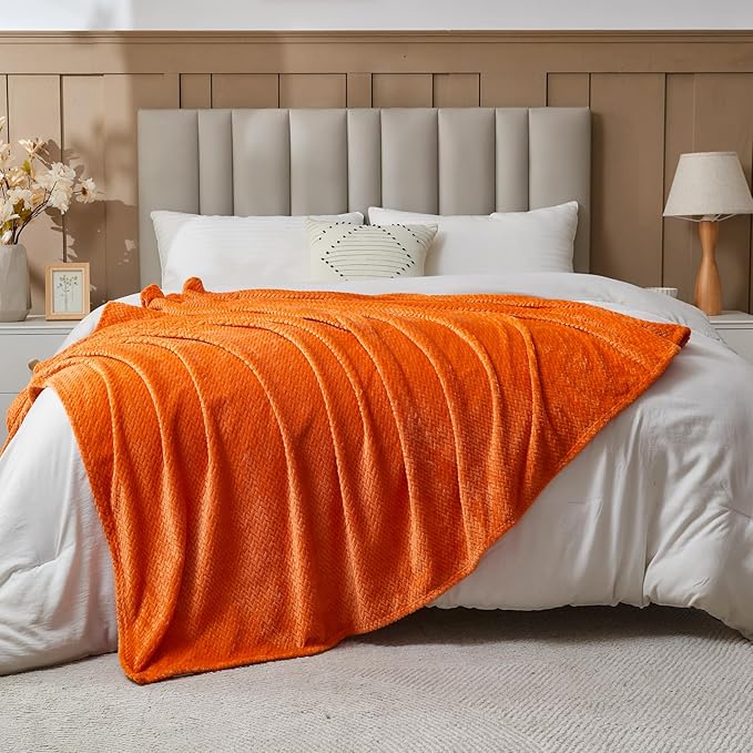 NEWCOSPLAY Super Soft Throw Blanket Orange Premium Silky Flannel Fleece Leaves Pattern Lightweight Bed Blanket All Season Use (Orange, Throw(50"x60"))