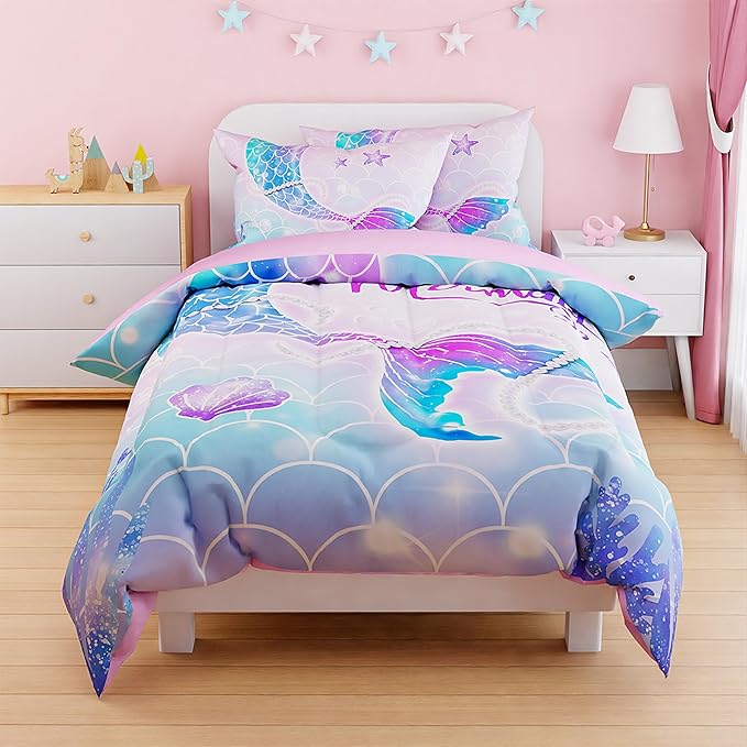 SANDJEST Mermaid Duvet Cover Sets Full Size for Kids Girls, Incude 1 Polyester Comforter Cover 80x90 Inches and 2 Pillowcases 20x26 Inches, Comforter Not Included, Gift for Christmas Birthday