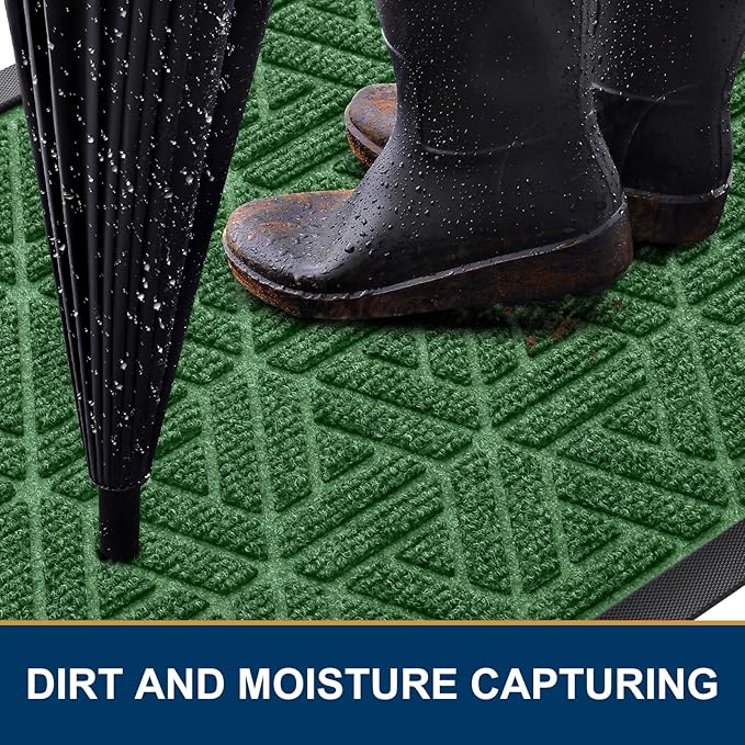 Smiry Front Door Mat Outside Entrance, Heavy Duty Sturdy Natural Rubber Doormat, Trap Dirt and Moisture, Easy Clean Low Profile Mats for Indoor Outdoor Entry, Grid Geometric (36x24, Green)