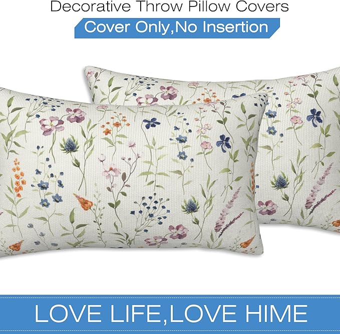 Throw Pillow Covers Spring Summer Floral Pillow Covers 20x12 Inch Set of 2 Watercolor Flowers Throw Pillows Decorative Pillow Cases Cushion Covers for Bedroom Livingroom Sofa Farm House