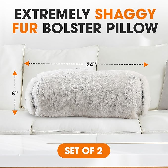 Cheer Collection Bolster Pillow. Set of 2 Shaggy Bolster Pillows, Decorative Cylinder Pillows for Bed & Couch, Round Neck Roll Pillow, Plush Tube Pillow for Lumbar, Head, Spine Support, Blue