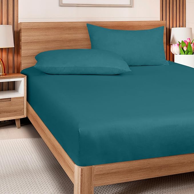 ROYALE LINENS 300 Thread Count 100% Long Staple Combed Cotton Fitted Sheet Twin - Super Soft Deep Pocket Bottom Sheet - Fitted Sheets Only - Elastic Sheets (Twin, Teal)
