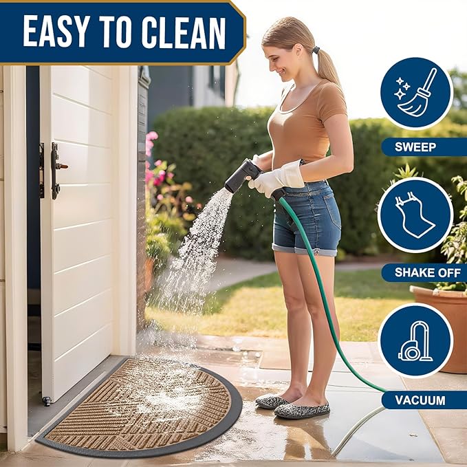 Smiry Half Circle Front Door Mat Outside Entrance, Heavy Duty Sturdy Natural Rubber Doormat, Trap Dirt and Moisture, Low Profile Mats for Indoor Outdoor Entry, Irregular Triangle (29.5x17, Coffee)