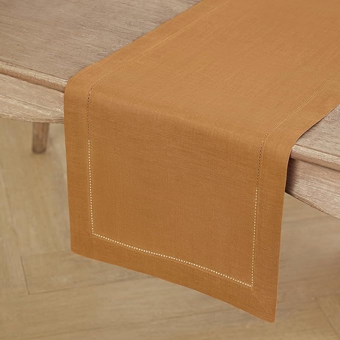 Solino Home Linen Brown Sugar Table Runner 90 Inches Long - 100% Pure Linen 14 x 90 Inch Table Runner - Classic Hemstitch