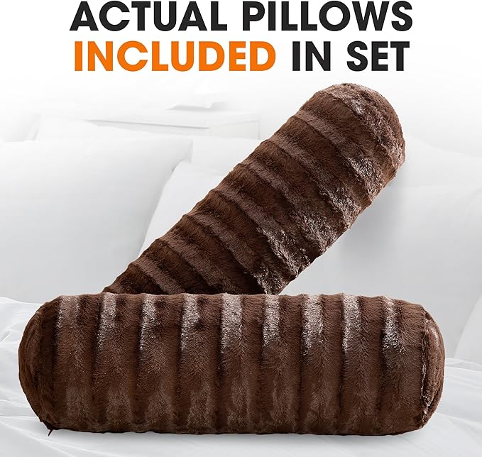 Cheer Collection Faux Fur Bolster Pillows – Soft Decorative Cylinder Pillows for Bed or Couch, Machine Washable – 8” x 24”, Set of 2, Choco