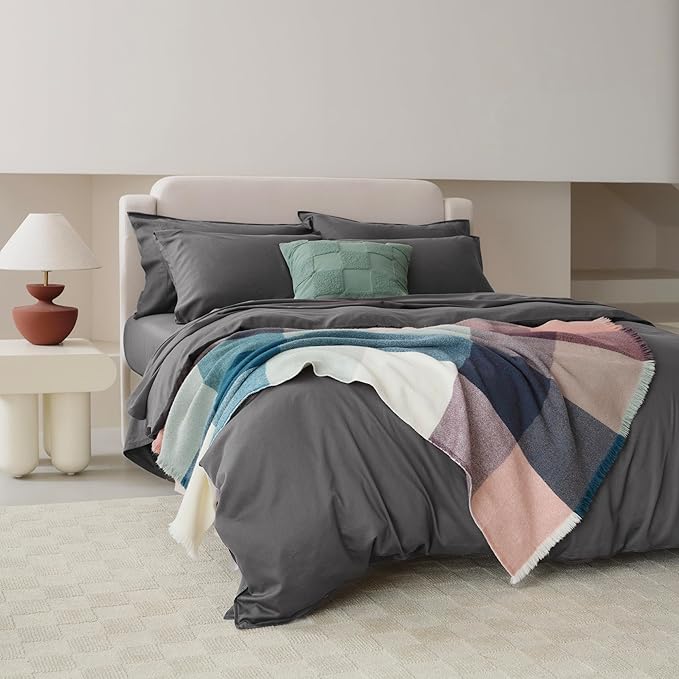 Double Stitch Cotton Tencel Duvet Cover - King Size Comforter Cover, Luxury & Soft Eucalyptus Lyocell Bedding Set for Hot Sleepers, Cooling, Smooth & Breathable, Button Closure, Ash Black, 106"x90"