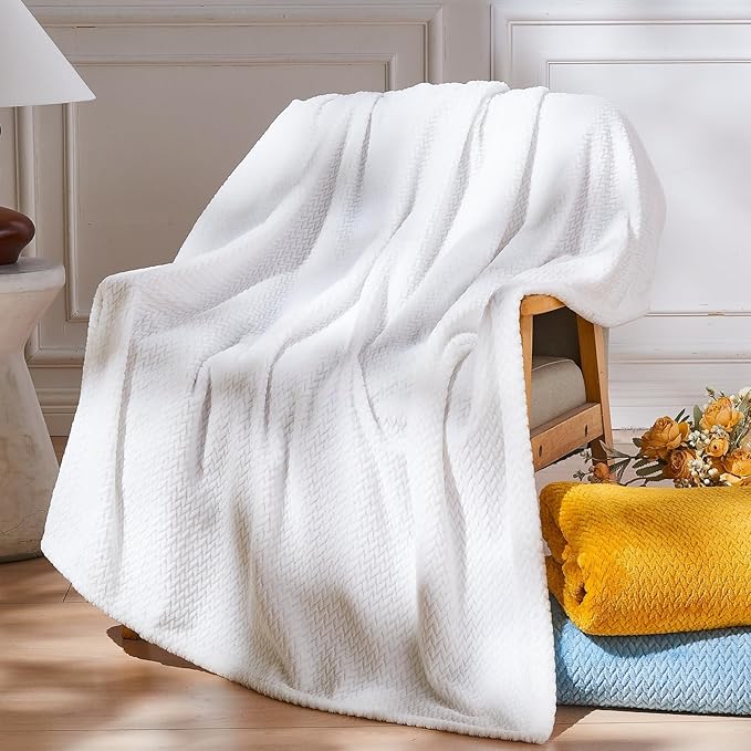 NEWCOSPLAY Super Soft Throw Blanket White Premium Silky Flannel Fleece Leaves Pattern Lightweight Bed Blanket All Season Use (White, Throw(50"x60"))