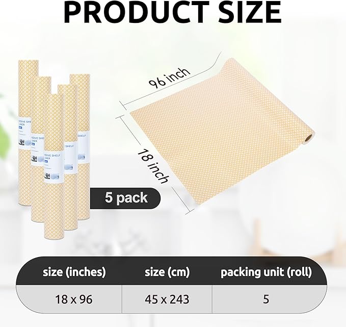 RAY STAR 18X96 Inch Shelf Liner for Kitchen Cabinets, Non-Adhesive Cabinet Liner Washable, PVC Drawer Liner for Dresser Non-Slip Bathroom (Yellow Circle)(5 Roll)