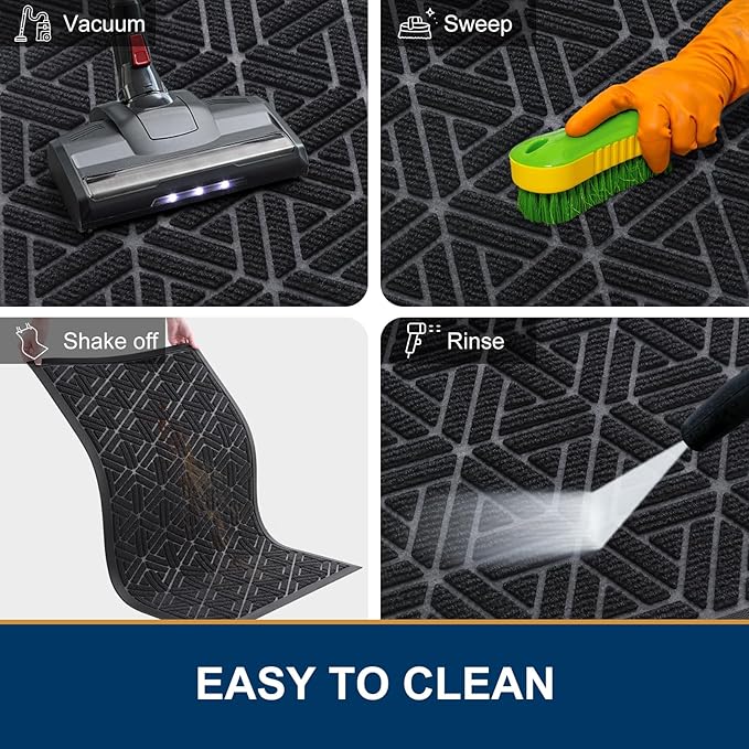 Smiry Front Door Mat Outside Entrance, Heavy Duty Sturdy Natural Rubber Doormat, Trap Dirt and Moisture, Easy Clean Low Profile Mats for Indoor Outdoor Entry, Grid Geometric (29.5x17, Black)