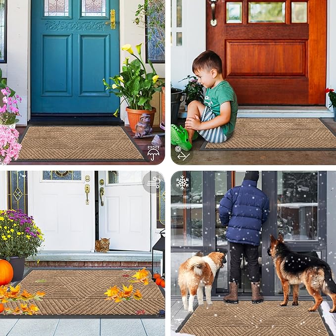 Smiry Front Door Mat Outside Entrance, Heavy Duty Sturdy Natural Rubber Doormat, Trap Dirt and Moisture, Easy Clean Low Profile Mats for Indoor Outdoor Entry, Irregular Triangle (29.5x17, Light Brown)