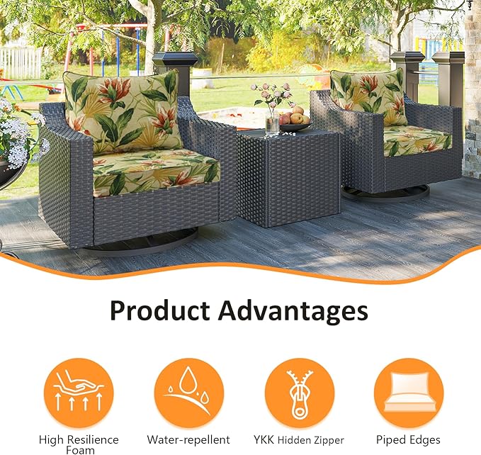 Outdoor Patio Chair Cushions Set, 24" x 24", Set of 2, Water-Repellent, Fade Resistant, Deep Seat Bottom and Back Cushion for Backyard, Couch, Sofa and Patio Furniture, Yellow Flower