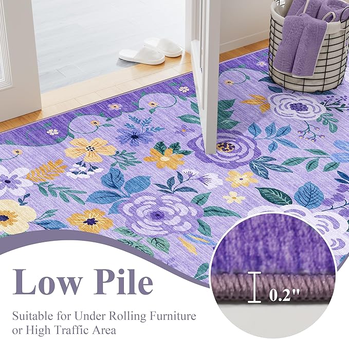 DUKINO 2x6 Runner Rug for Hallway, Washable Kitchen Rug with Non Slip Backing, Low Pile Soft Boho Floral Runner for Kitchen, Hallway, Entryway, Laundry, Bedroom, Purple