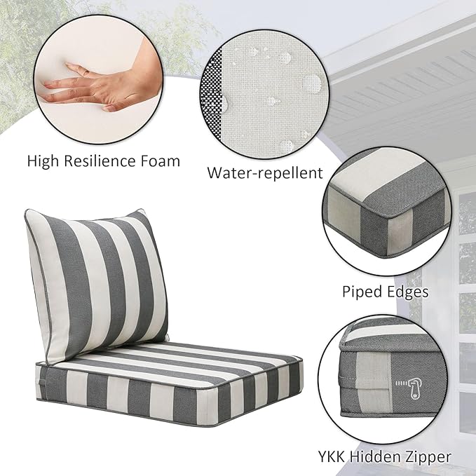Outdoor Patio Chair Cushions Set, 24" x 24", Set of 2, Water-Repellent, Fade Resistant, Deep Seat Bottom and Back Cushion for Backyard, Couch, Sofa and Patio Furniture, Gray Stripe